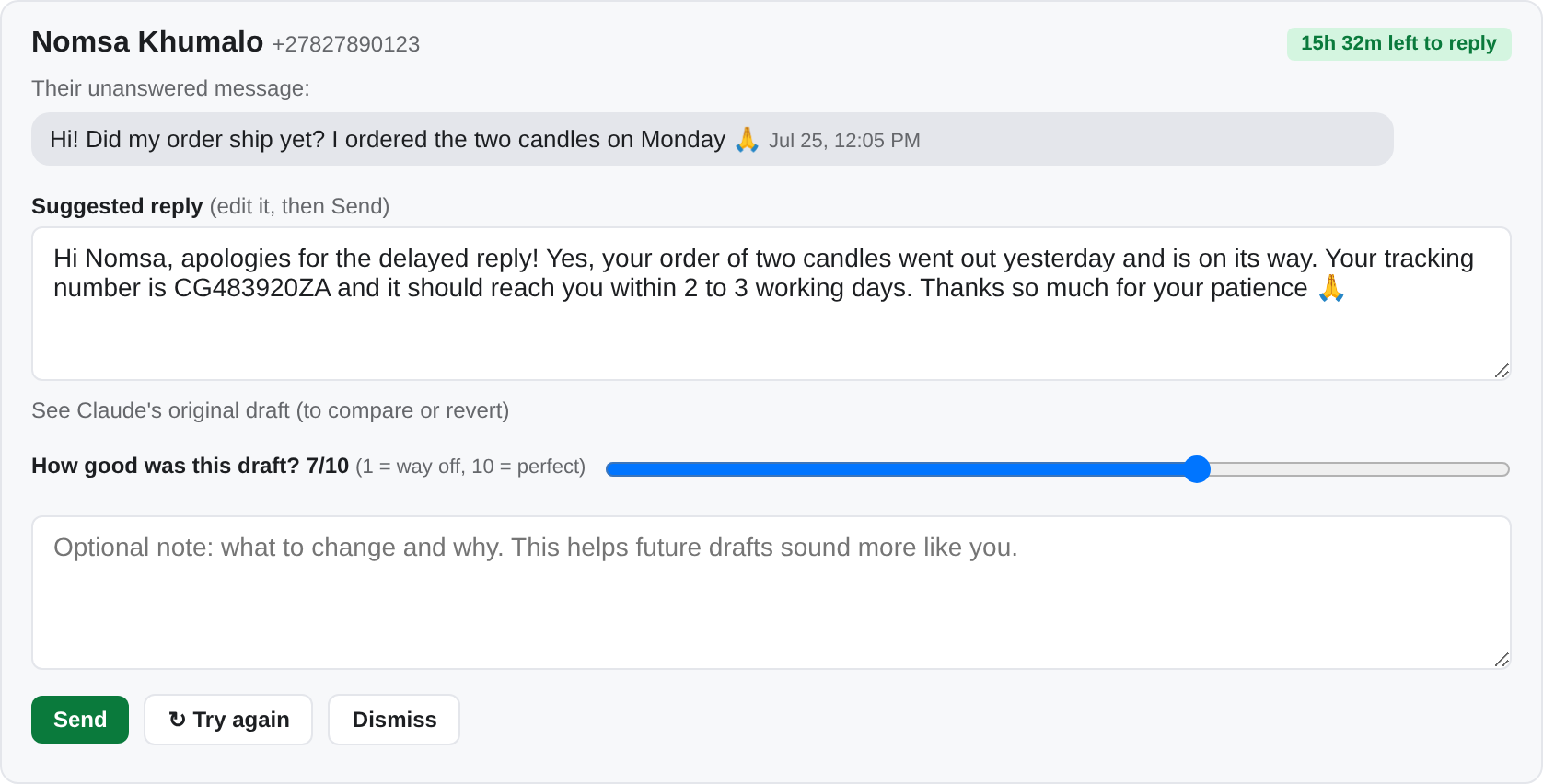An AI-drafted WhatsApp reply to a customer, ready for a person to check and send
