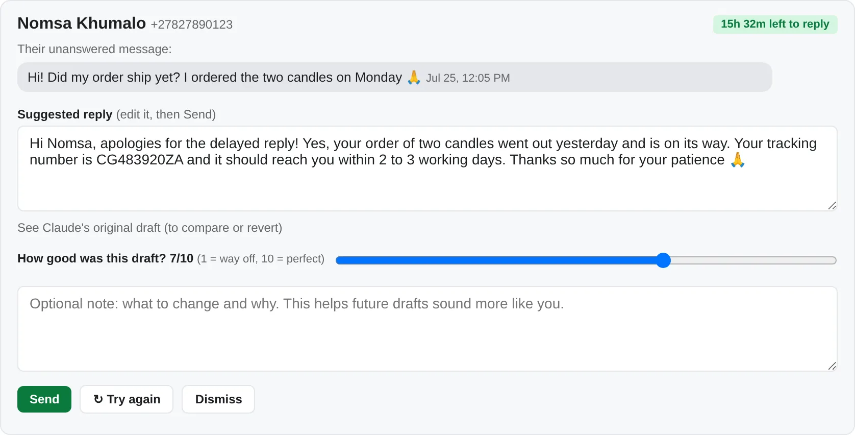 An AI-drafted WhatsApp reply to a customer, ready for a person to check and send