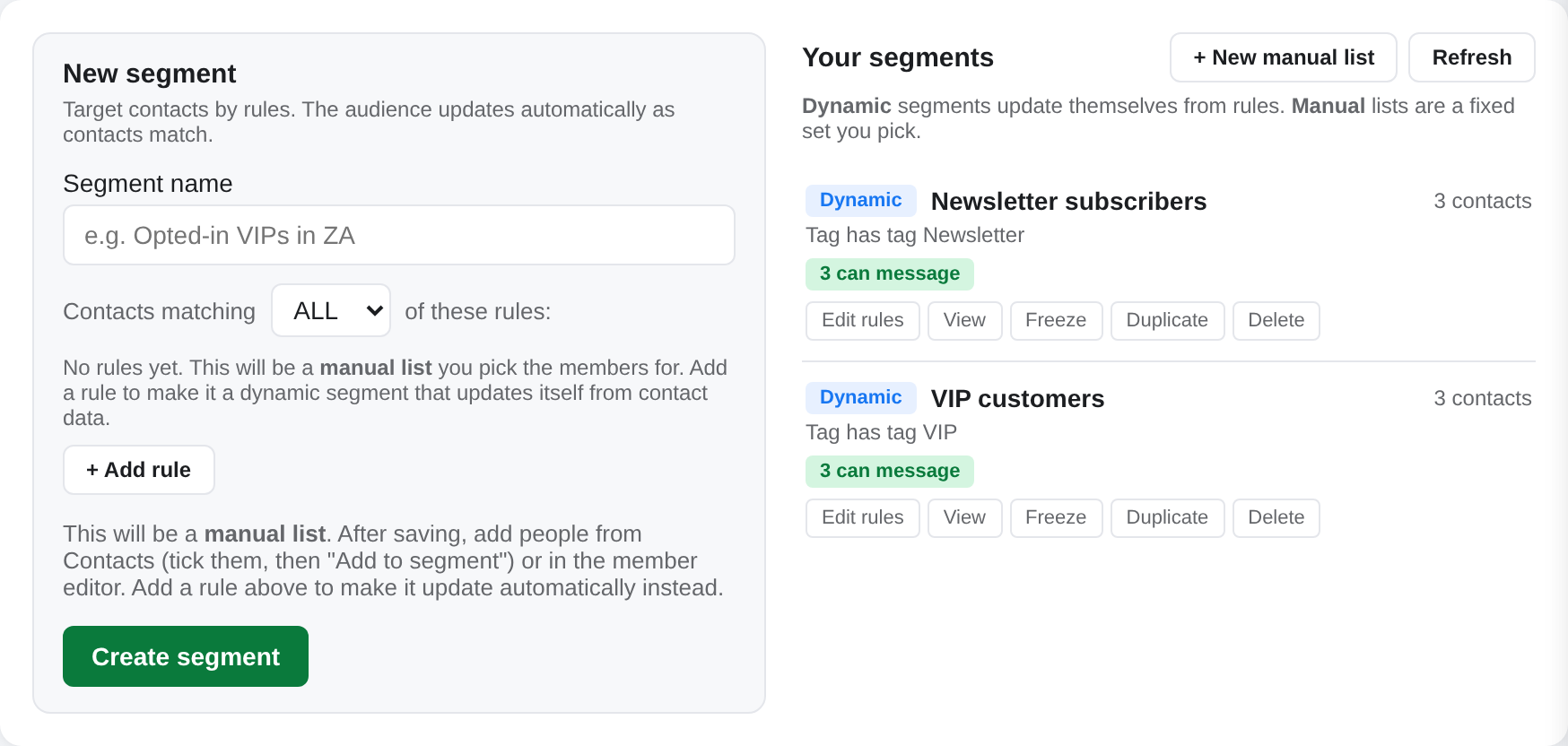 The Sonar groups screen showing customer groups that update themselves from simple rules